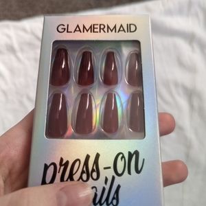 Glamermaid long length coffin shaped press on nails in glossy dark red.